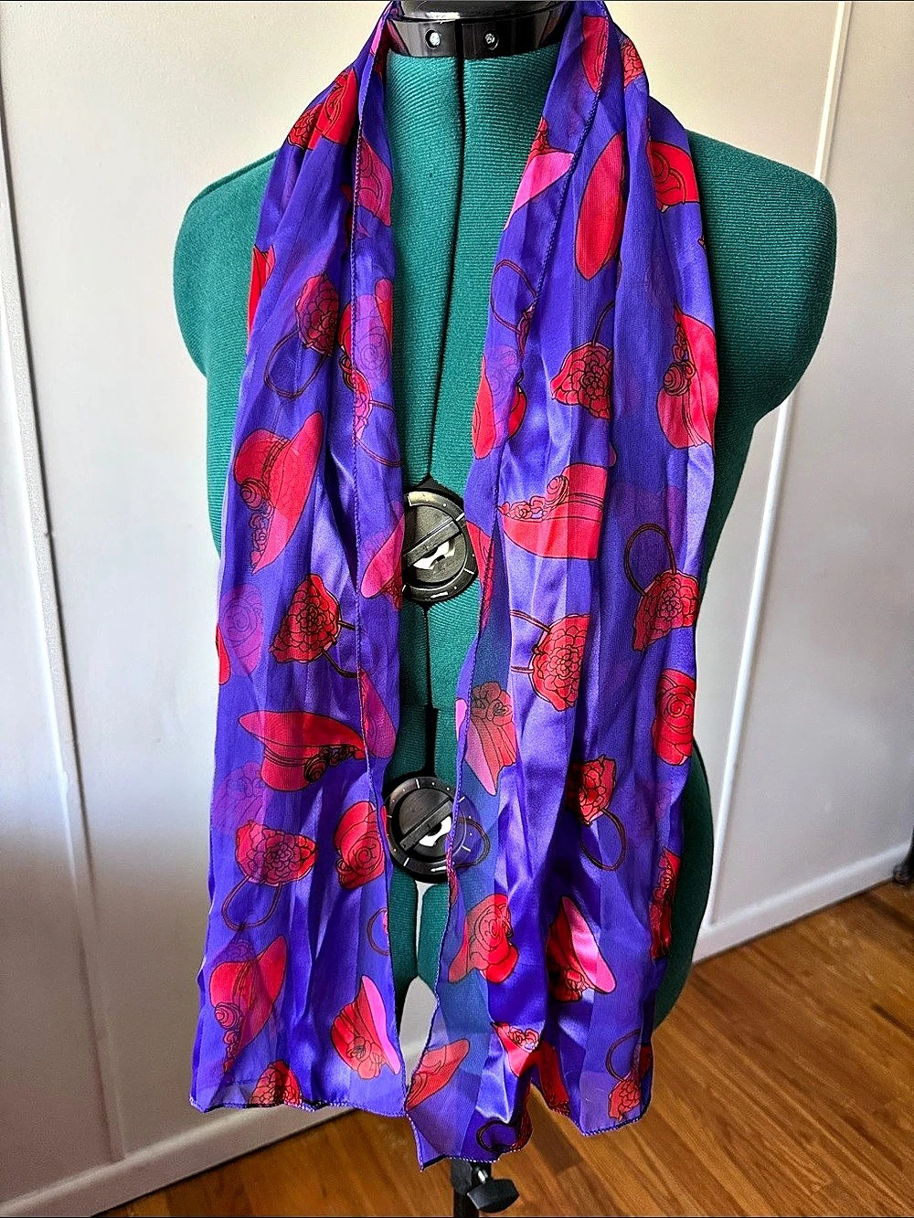 Silky Red Hat Society Floral Scarf in Purple & Red.  Like New
